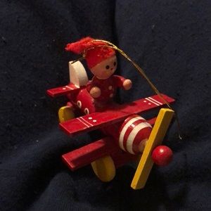Vintage wood airplane ornament with elf. Made in Taiwan. Excellent condition